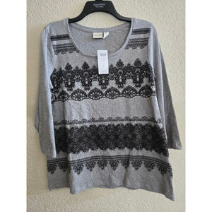 Women's Zenergy by Chico's Grey Black Lace Print Long Sleeve Tee